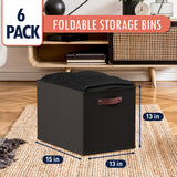 Foldable Linen Kallax Storage Cube Bin with Leather Handles – 13x15x13 Inch - Set of 6 Black