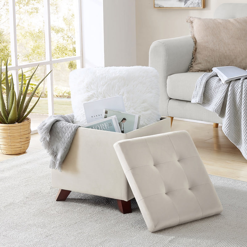 Crawford Velvet Tufted Square Storage Ottoman with Lift Off Lid - Cream
