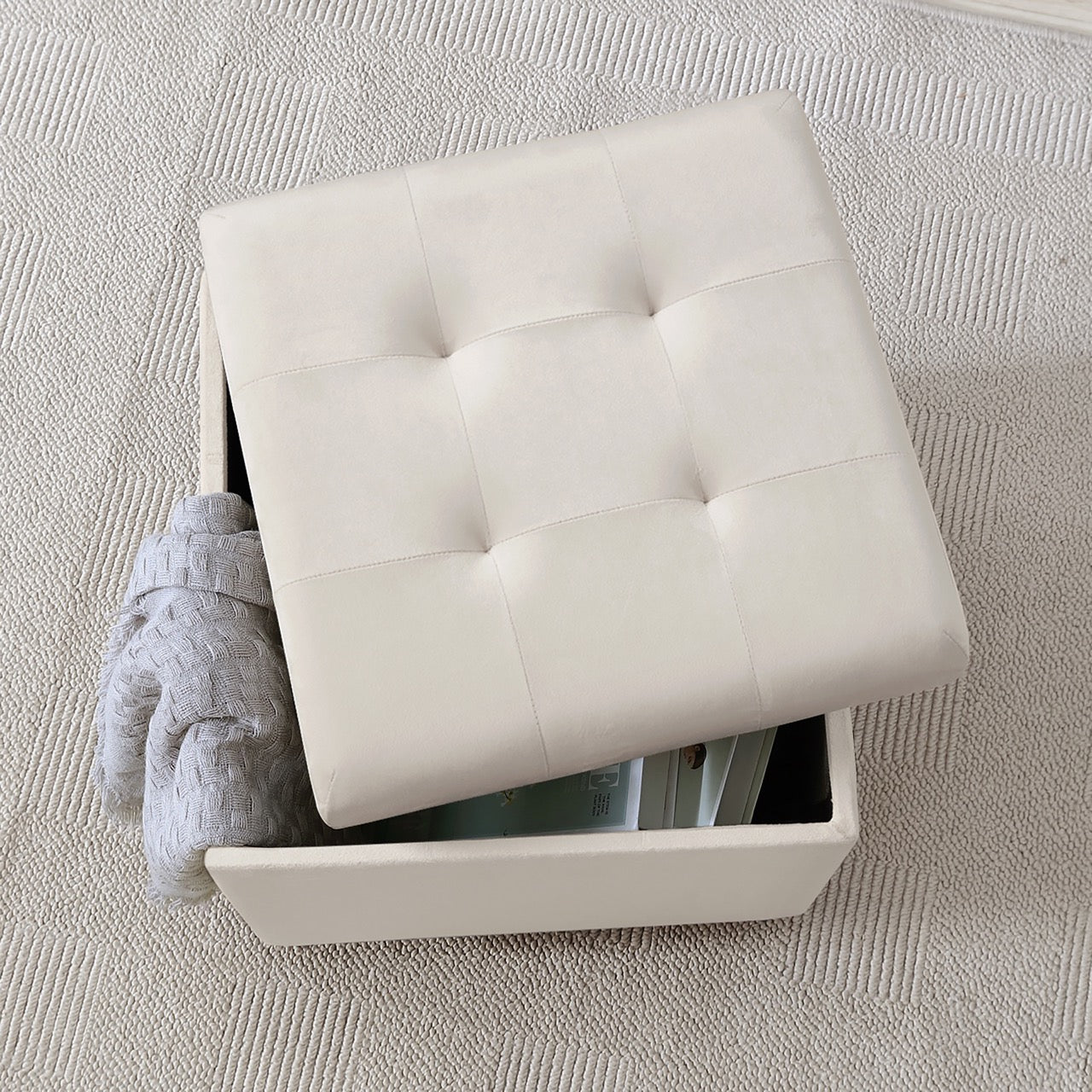 Crawford Velvet Tufted Square Storage Ottoman with Lift Off Lid - Cream