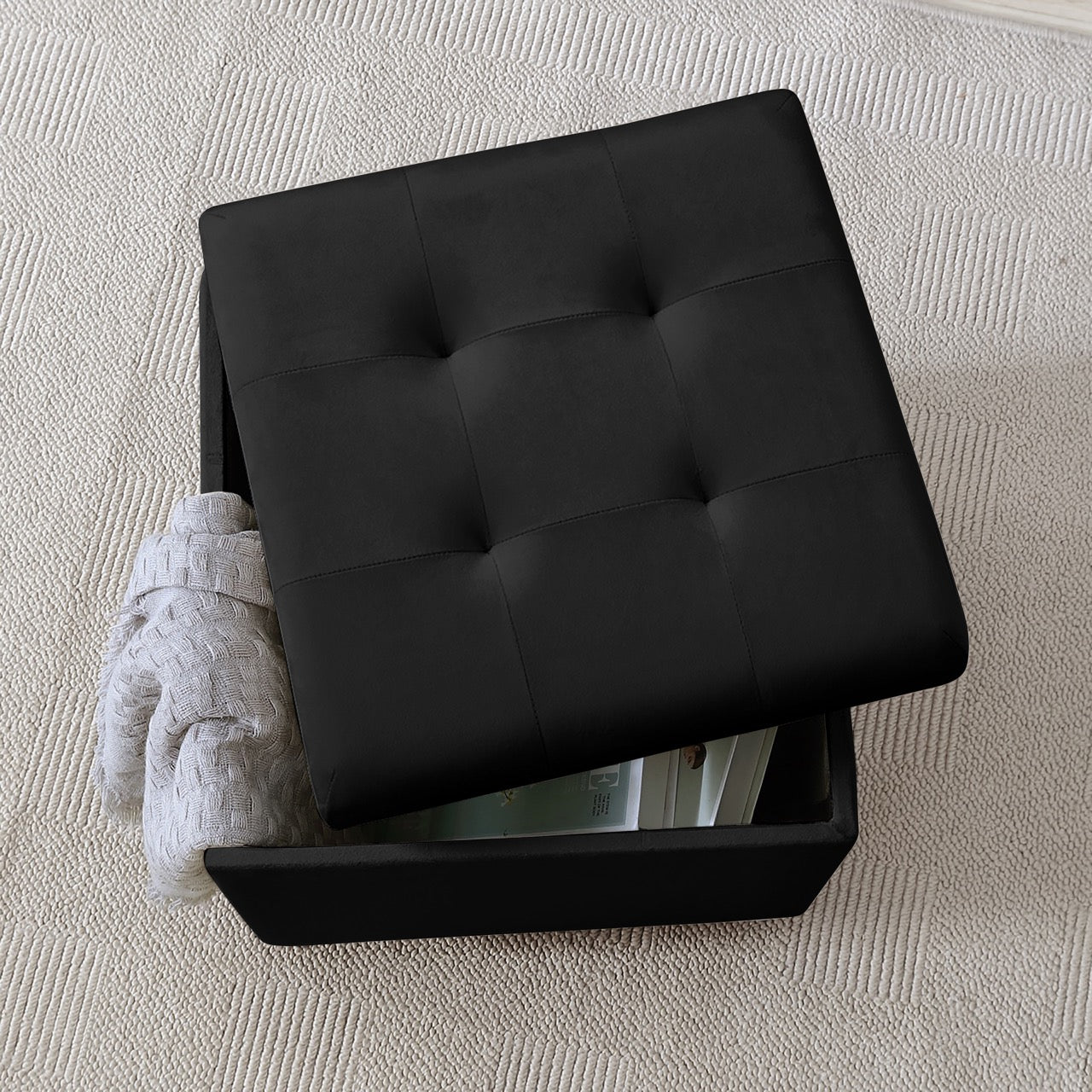 Crawford Velvet Tufted Square Storage Ottoman with Lift Off Lid - Black