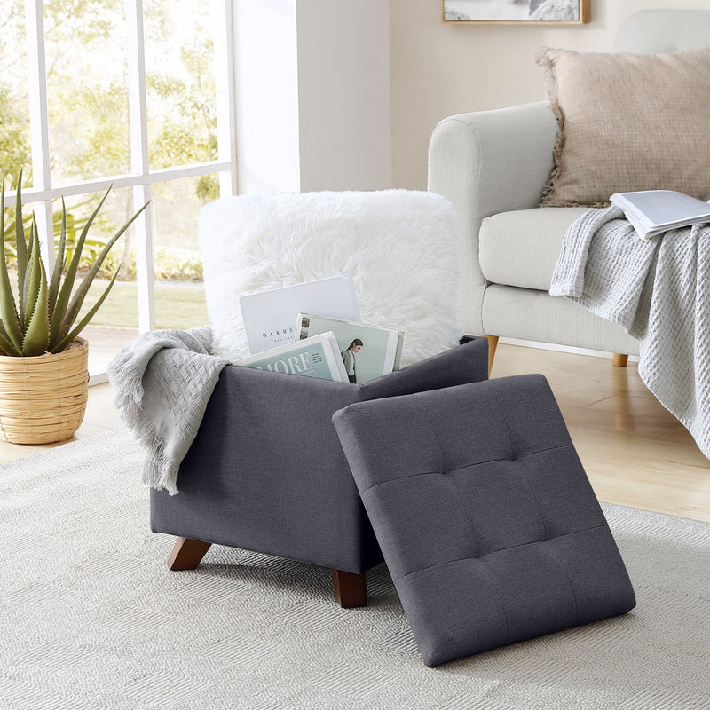 Crawford Linen Tufted Square Storage Ottoman with Lift Off Lid - Charcoal