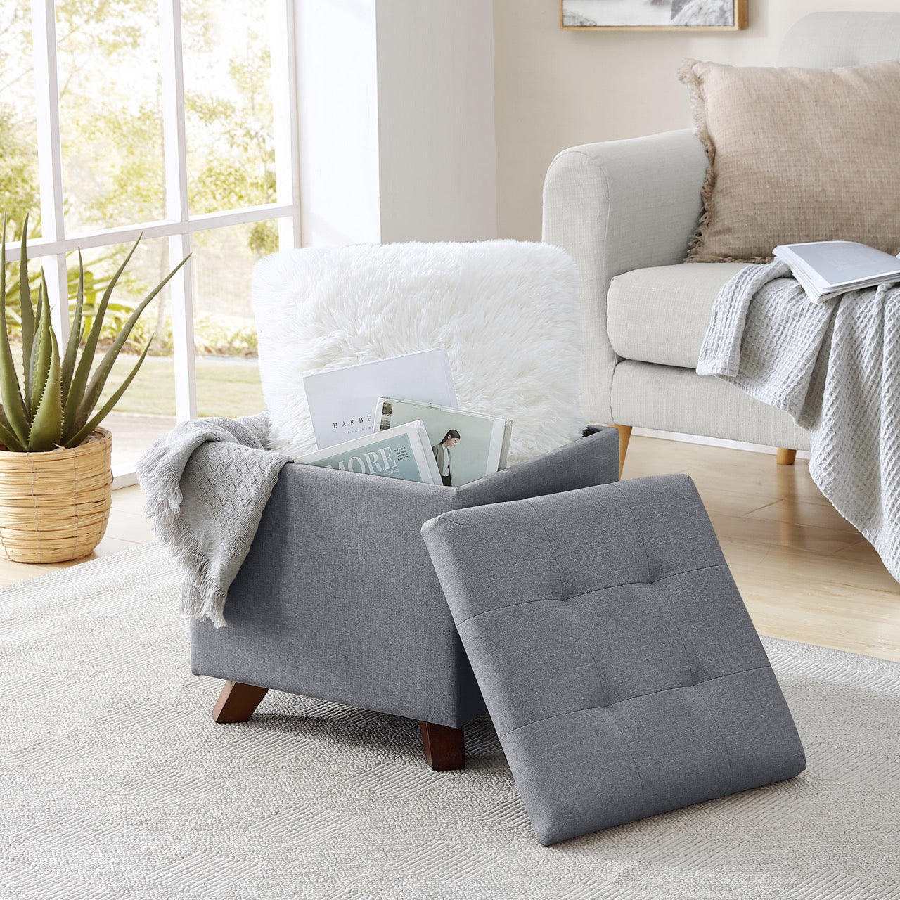 Crawford Linen Tufted Square Storage Ottoman with Lift Off Lid - Gray