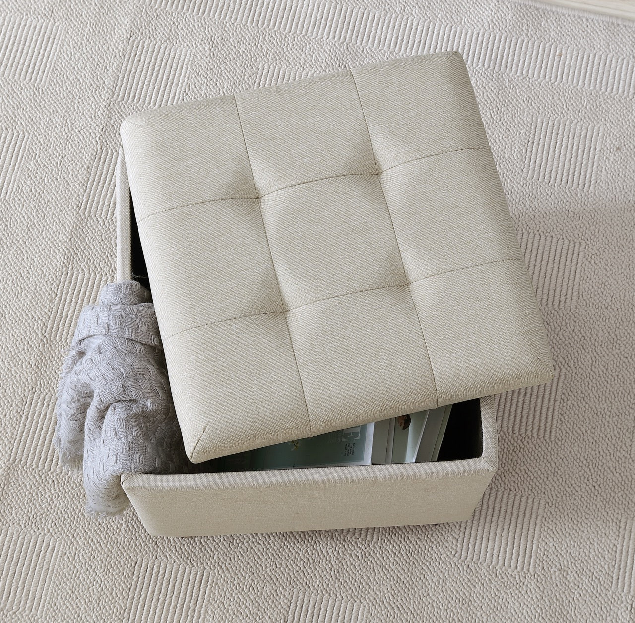 Crawford Linen Tufted Square Storage Ottoman with Lift Off Lid