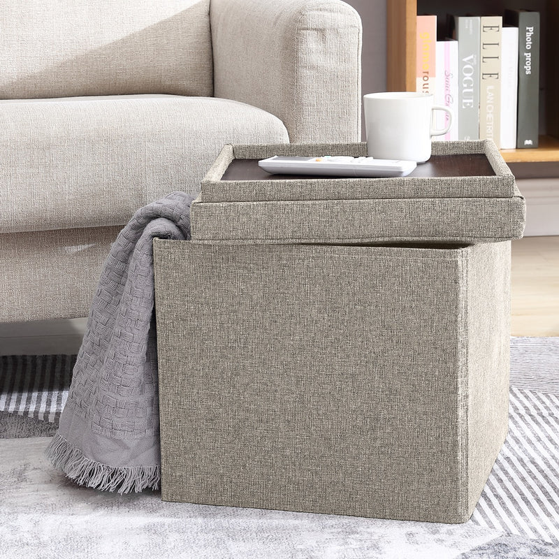 Collapsible Tufted Linen Square Coffee Table Storage Ottoman - Beige