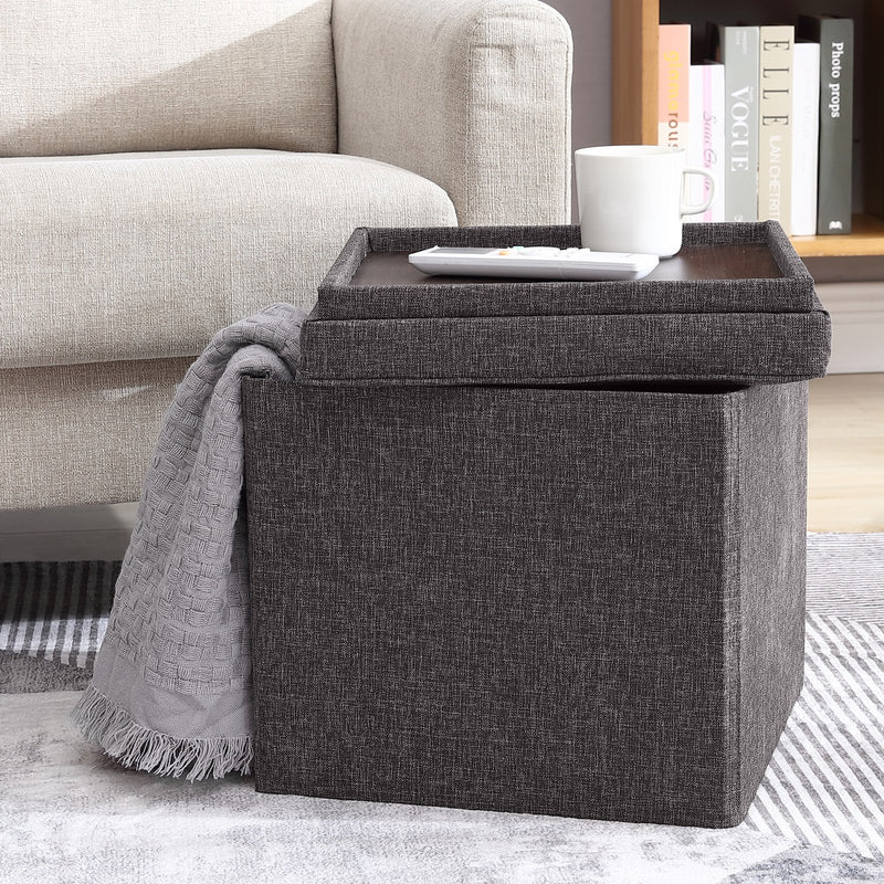 Collapsible Tufted Linen Square Coffee Table Storage Ottoman - Charcoal Gray