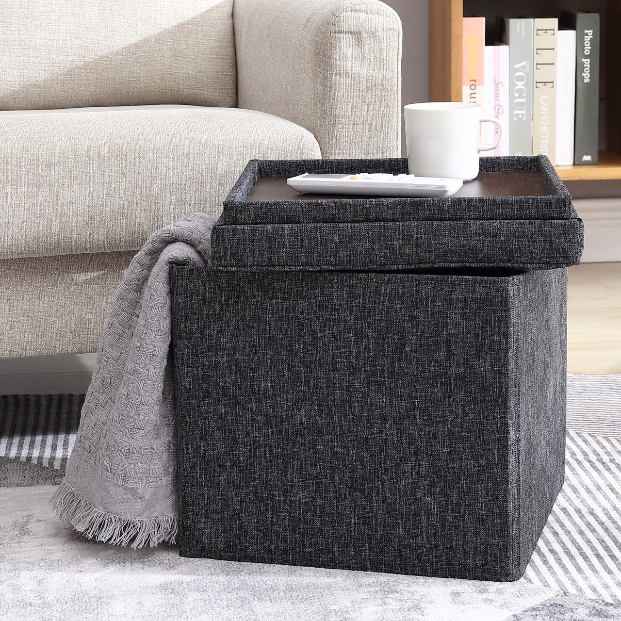 Collapsible Tufted Linen Square Coffee Table Storage Ottoman - Black