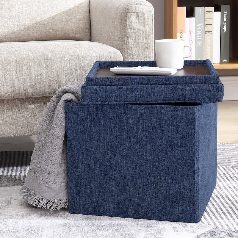 Collapsible Tufted Linen Square Coffee Table Storage Ottoman - Navy Blue