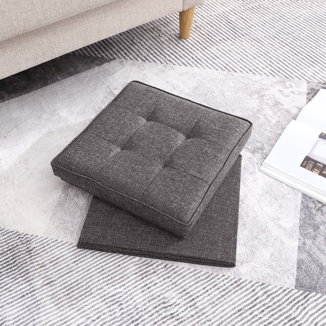 Collapsible Tufted Linen Square Coffee Table Storage Ottoman - Charcoal Gray