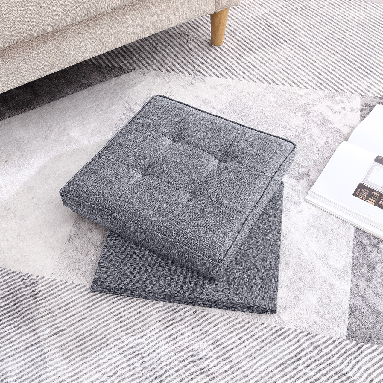 Collapsible Tufted Linen Square Coffee Table Storage Ottoman - Gray