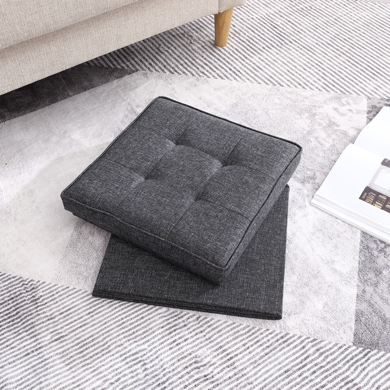 Collapsible Tufted Linen Square Coffee Table Storage Ottoman - Black