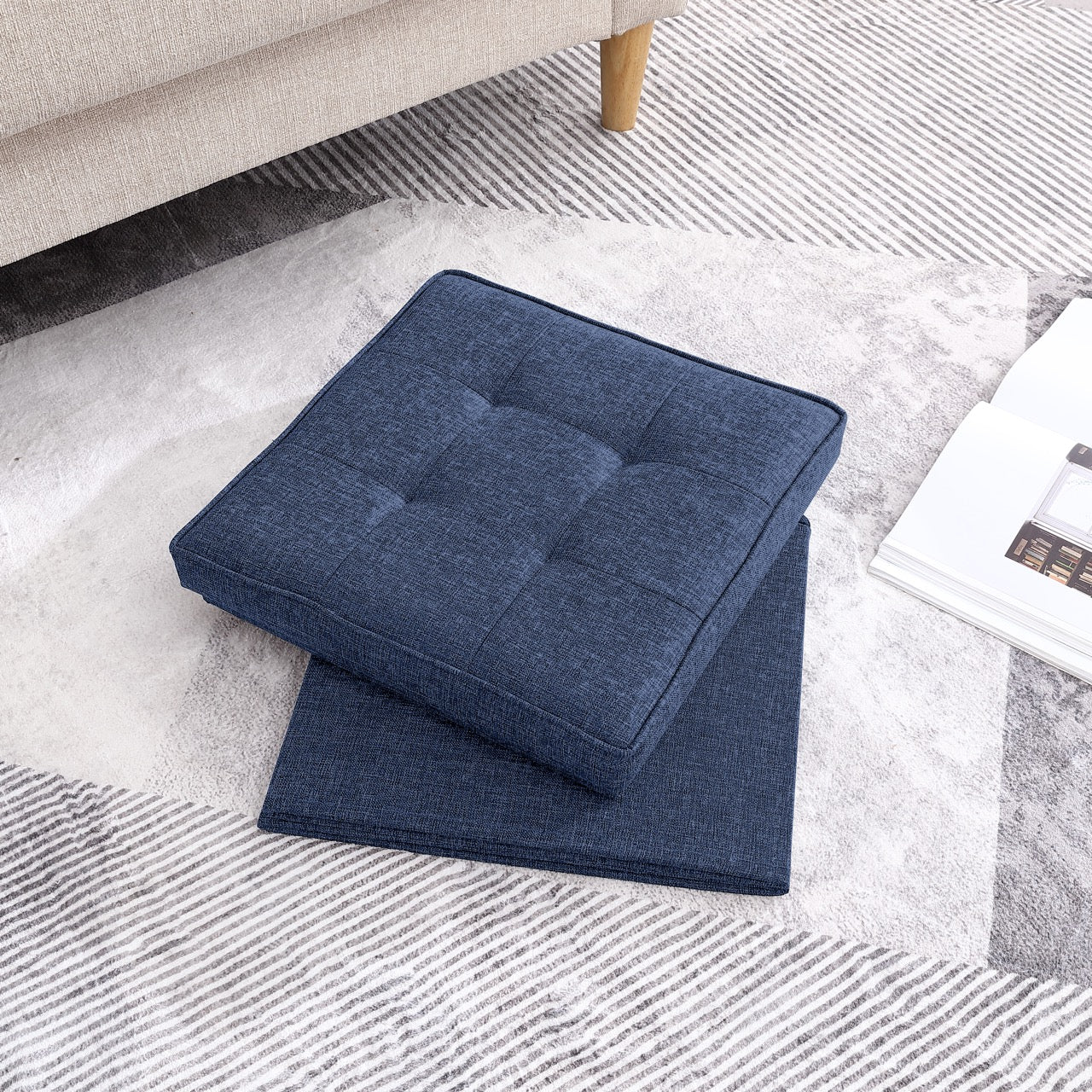 Collapsible Tufted Linen Square Coffee Table Storage Ottoman - Navy Blue