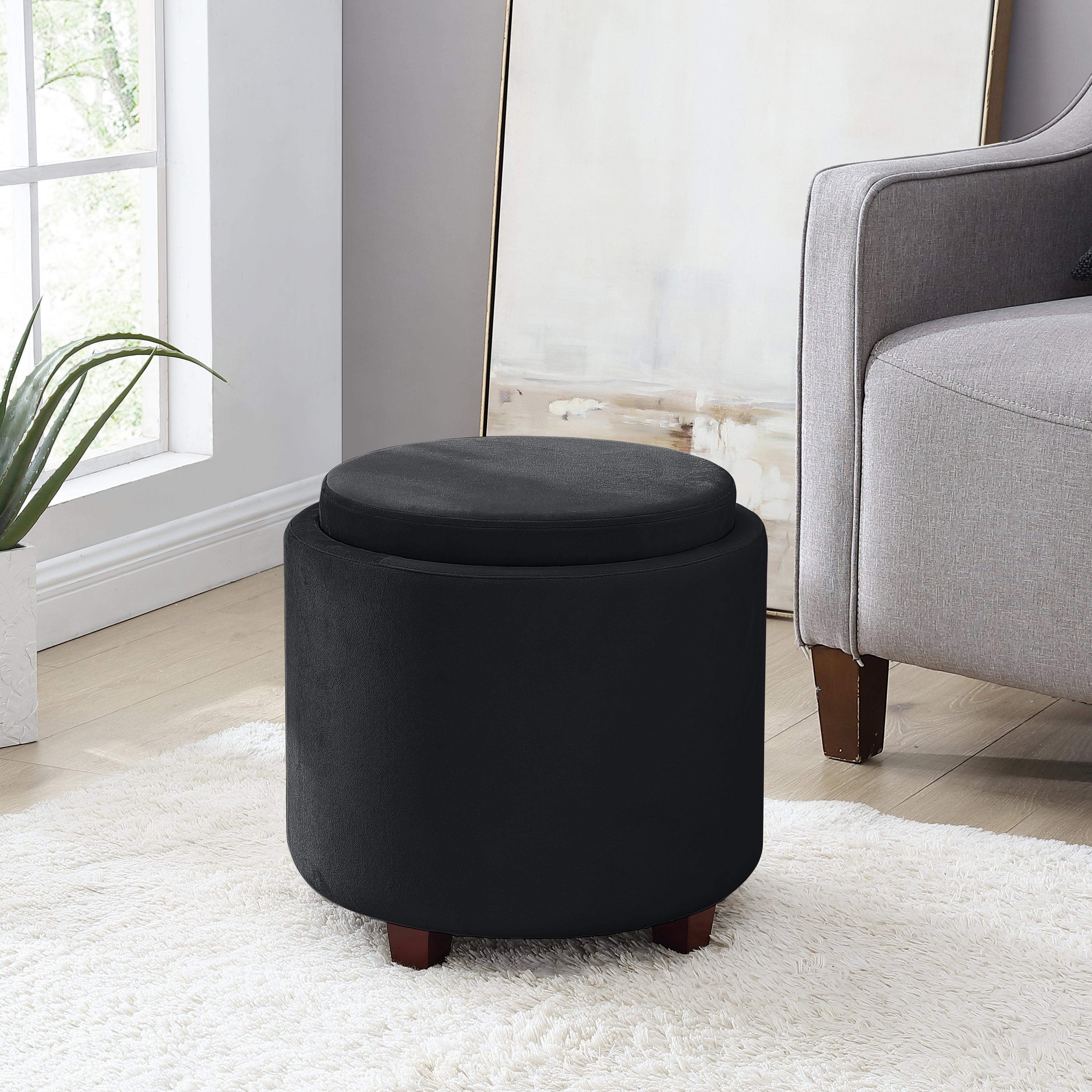 Lawrence Round Velvet Storage Ottoman with Table Top Lid - Black