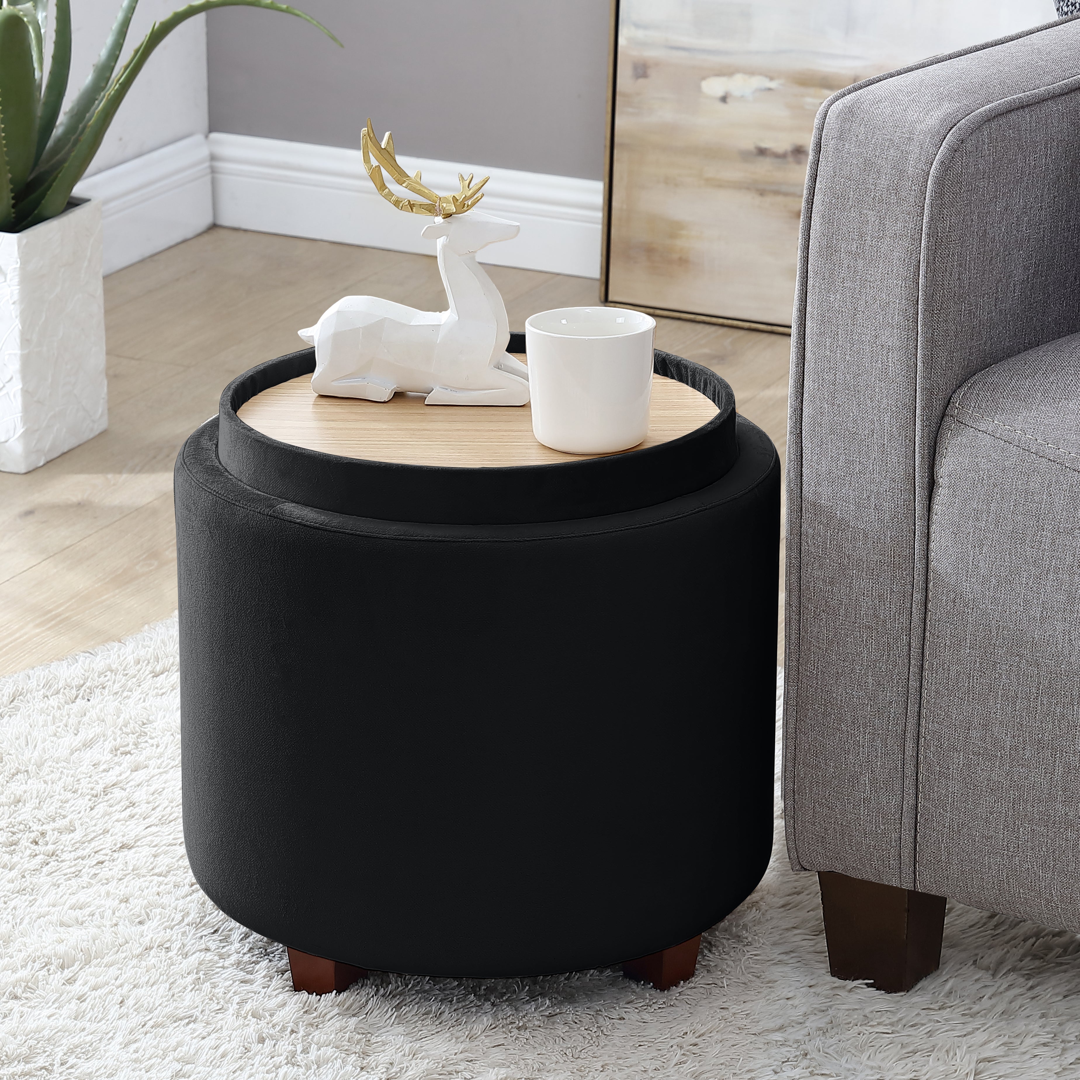 Lawrence Round Velvet Storage Ottoman with Table Top Lid - Black