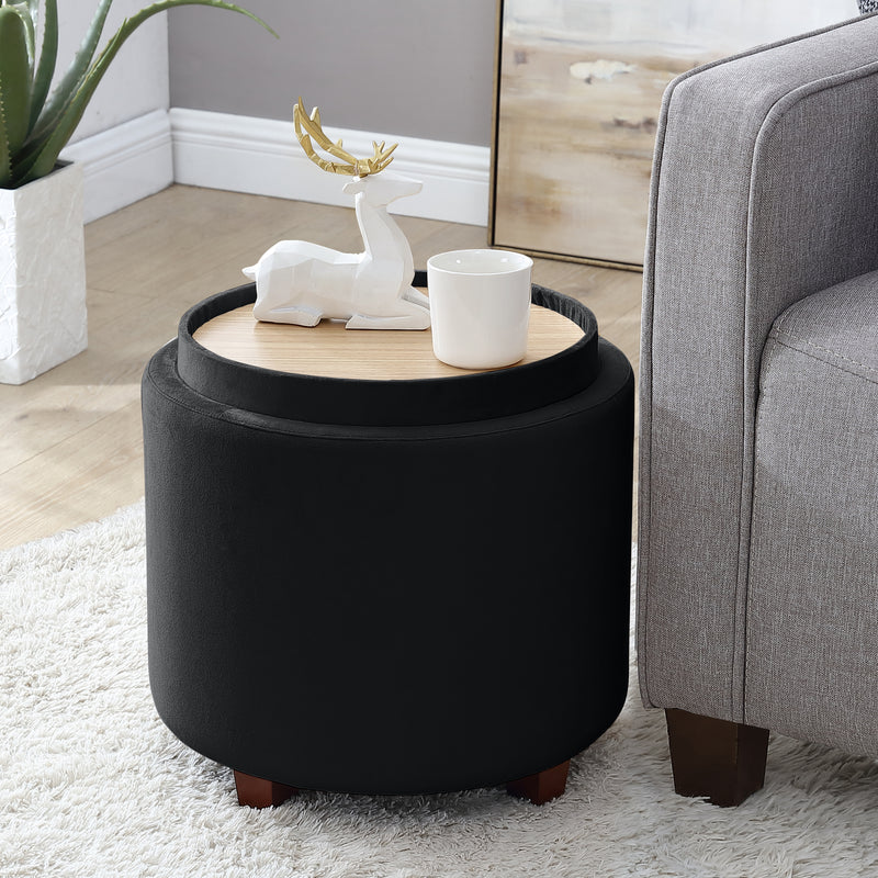 Lawrence Round Velvet Storage Ottoman with Table Top Lid - Black