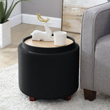 Lawrence Round Velvet Storage Ottoman with Table Top Lid - Black