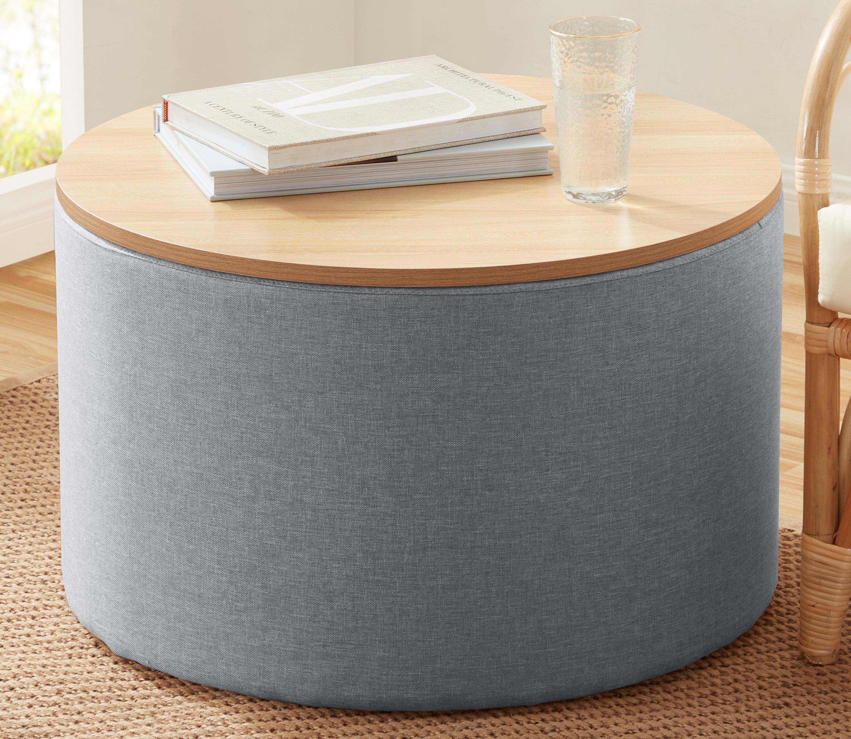 Parker Round Linen Coffee Table Storage Ottoman