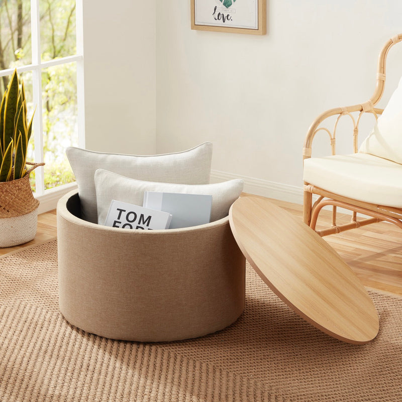 Parker Round Linen Coffee Table Storage Ottoman