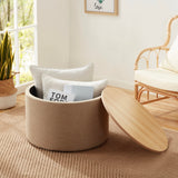 Parker Round Linen Coffee Table Storage Ottoman - Beige