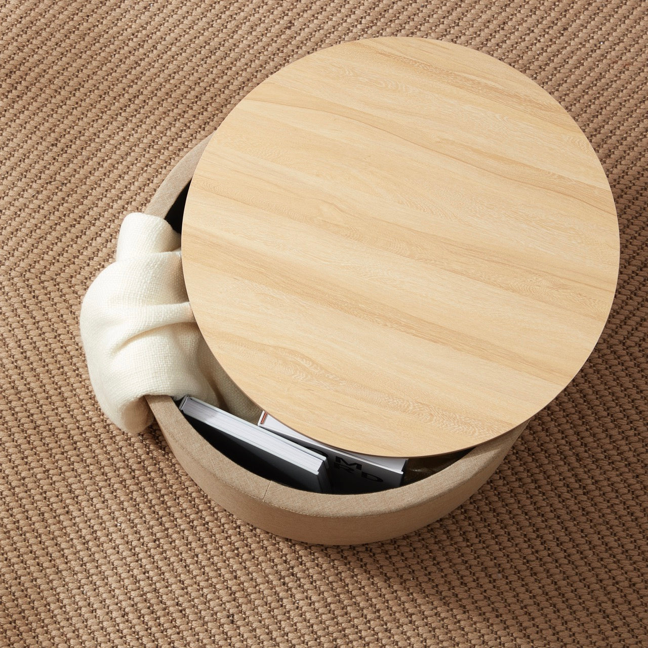 Parker Round Linen Coffee Table Storage Ottoman - Beige