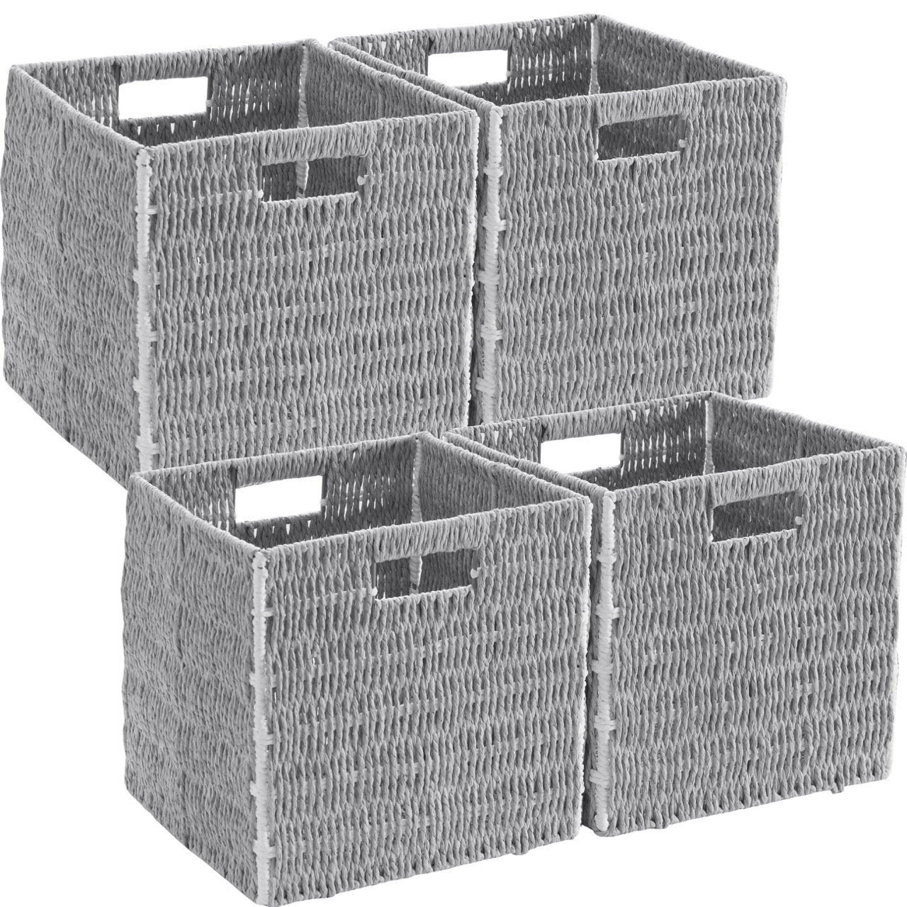 Foldable Paper Wicker Storage Shelf Basket Cube Bin with Handles - White/Gray
