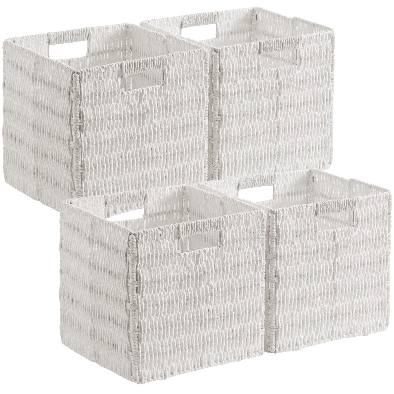 Foldable Paper Wicker Storage Shelf Basket Cube Bin with Handles - White