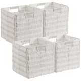 Foldable Paper Wicker Storage Shelf Basket Cube Bin with Handles - White