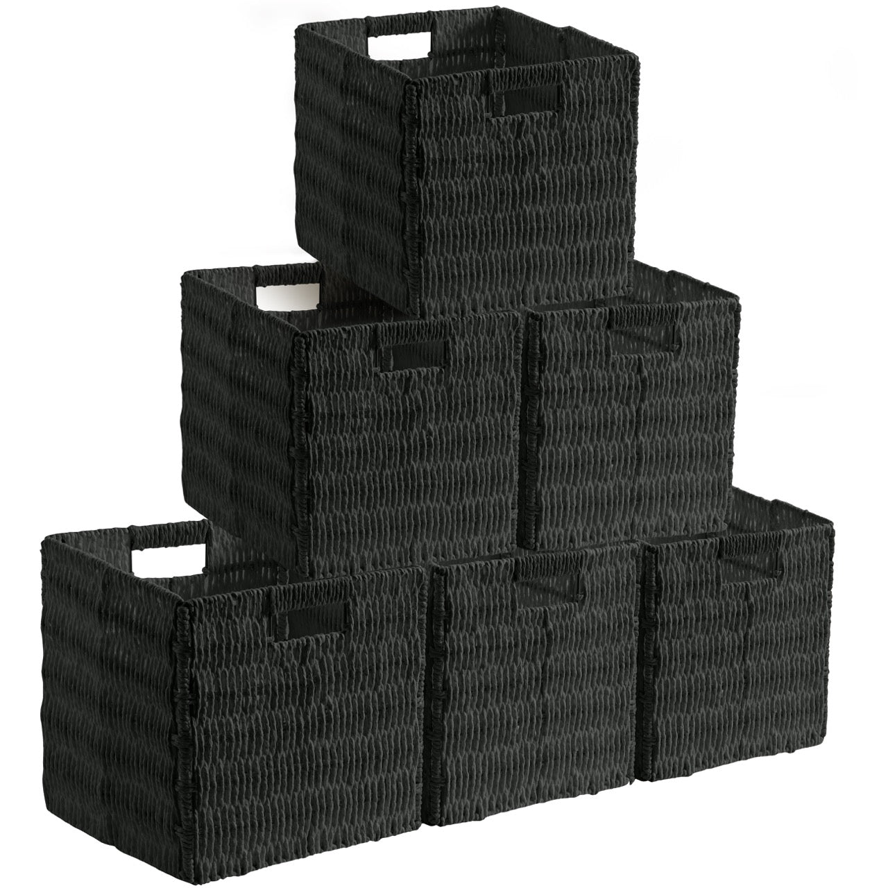 Foldable Paper Wicker Storage Shelf Basket Cube Bin with Handles - Black