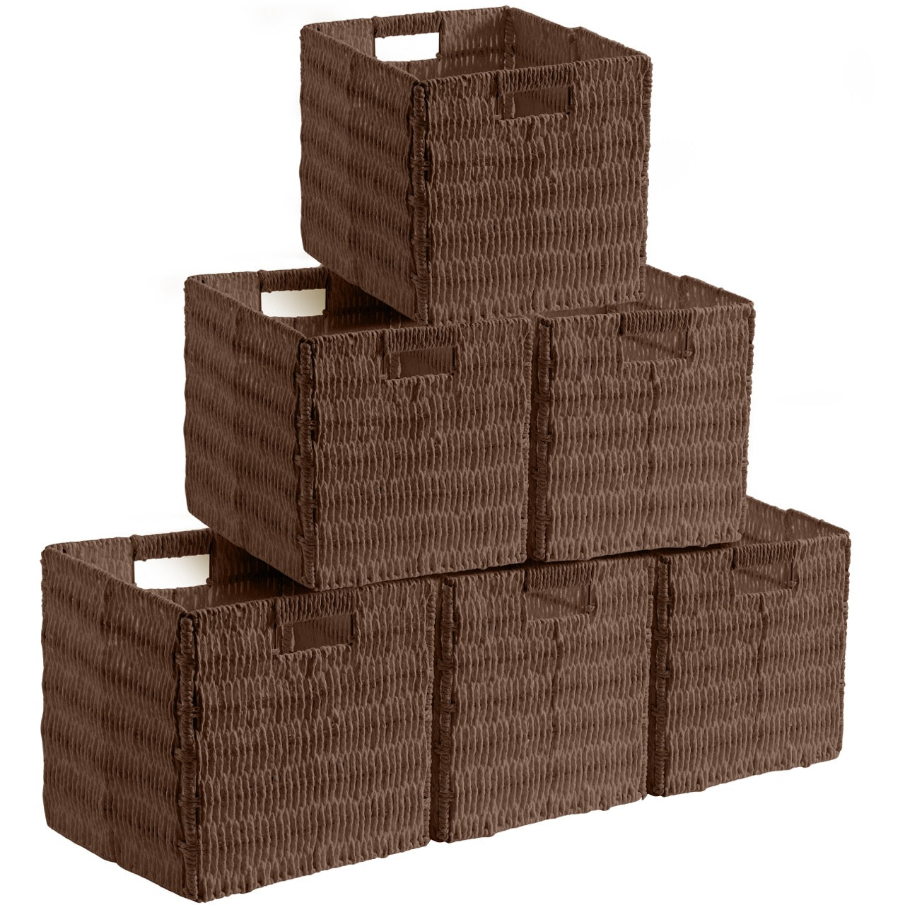 Foldable Paper Wicker Storage Shelf Basket Cube Bin with Handles - Brown