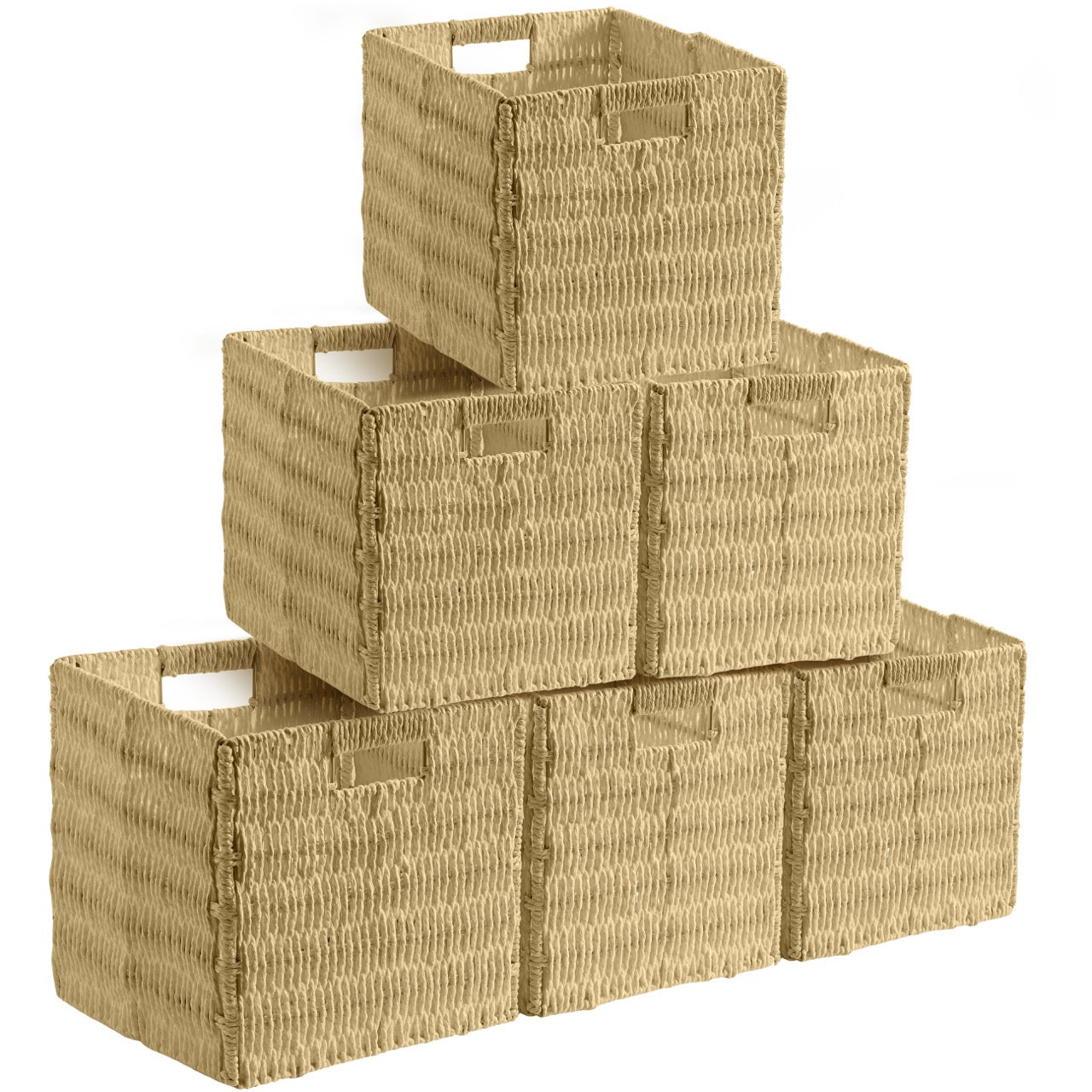 Foldable Paper Wicker Storage Shelf Basket Cube Bin with Handles - Taupe