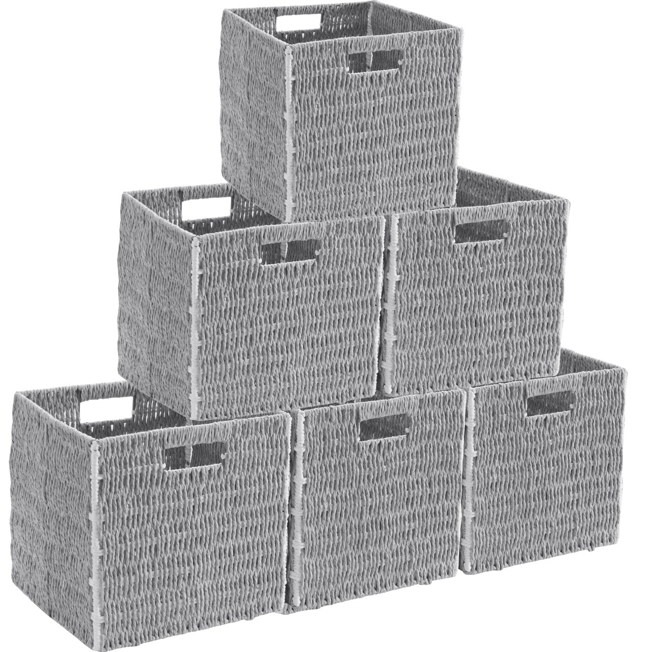 Foldable Paper Wicker Storage Shelf Basket Cube Bin with Handles - White/Gray