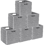 Foldable Paper Wicker Storage Shelf Basket Cube Bin with Handles - White/Gray
