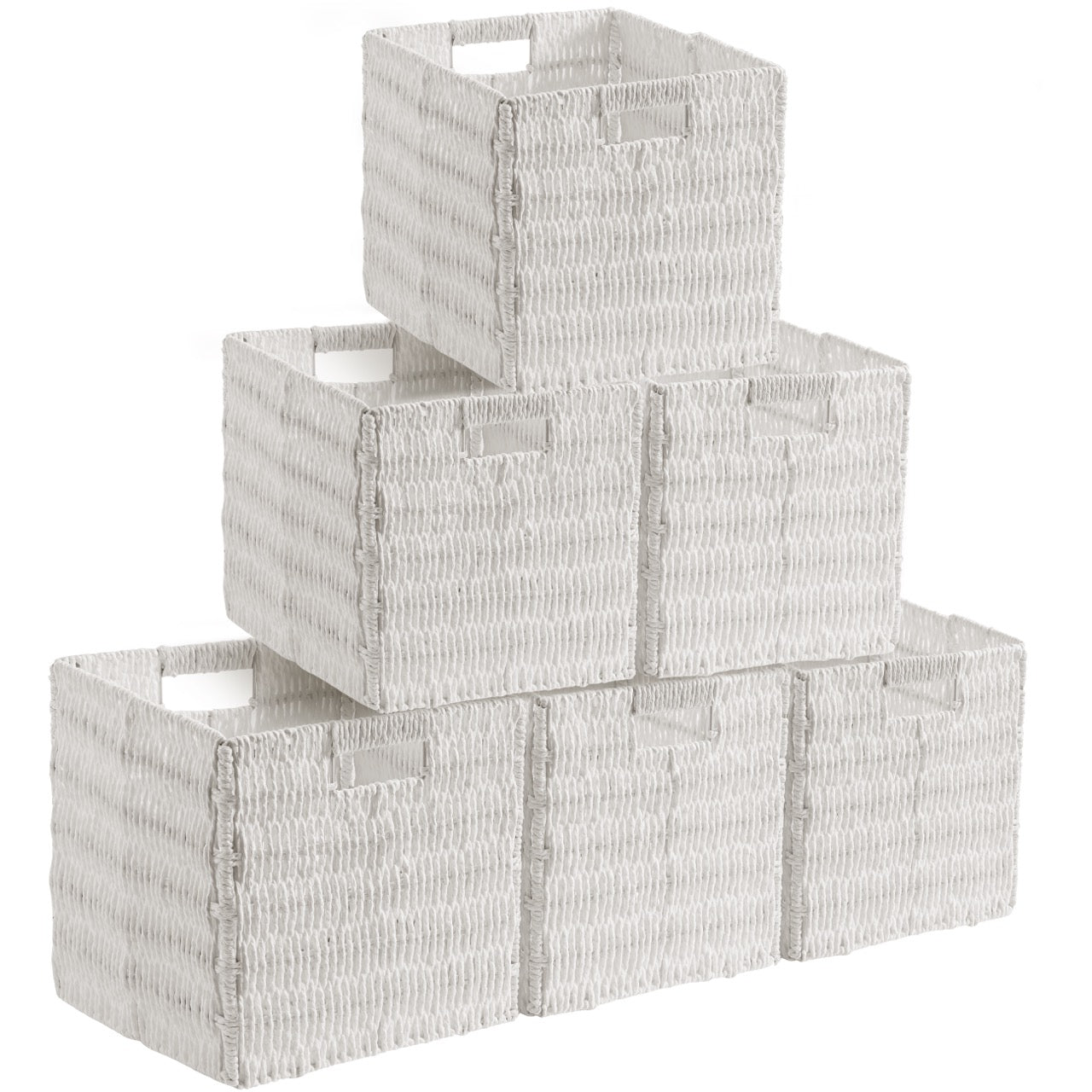 Foldable Paper Wicker Storage Shelf Basket Cube Bin with Handles - White