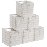Foldable Paper Wicker Storage Shelf Basket Cube Bin with Handles - White