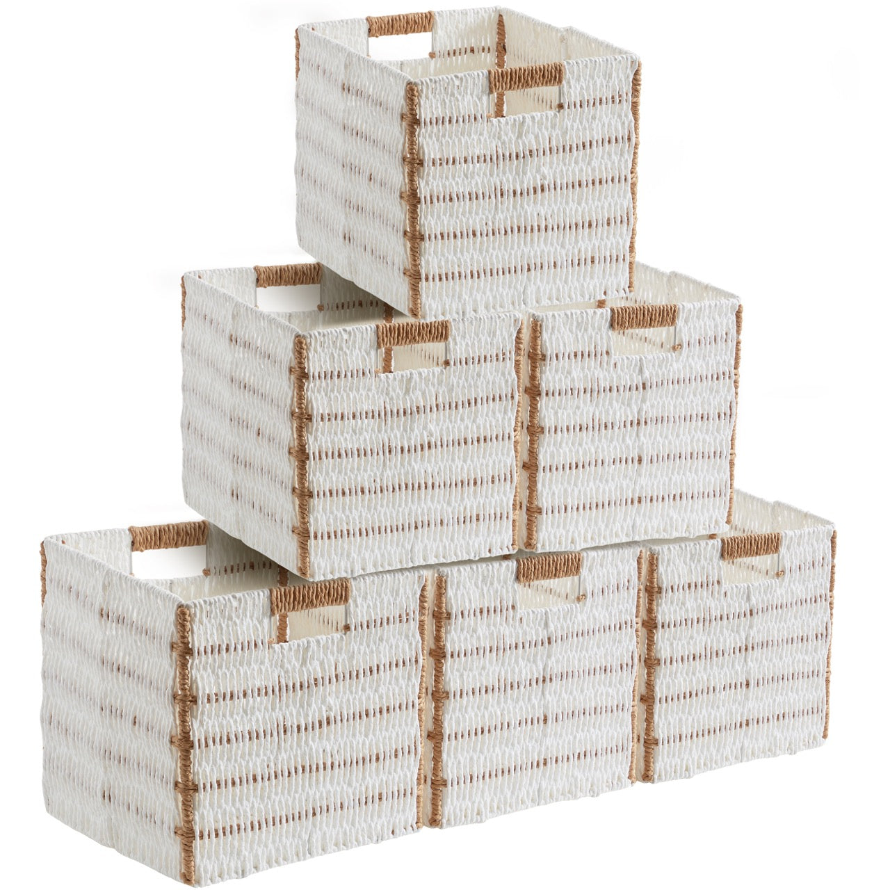 Foldable Paper Wicker Storage Shelf Basket Cube Bin with Handles - White/Brown