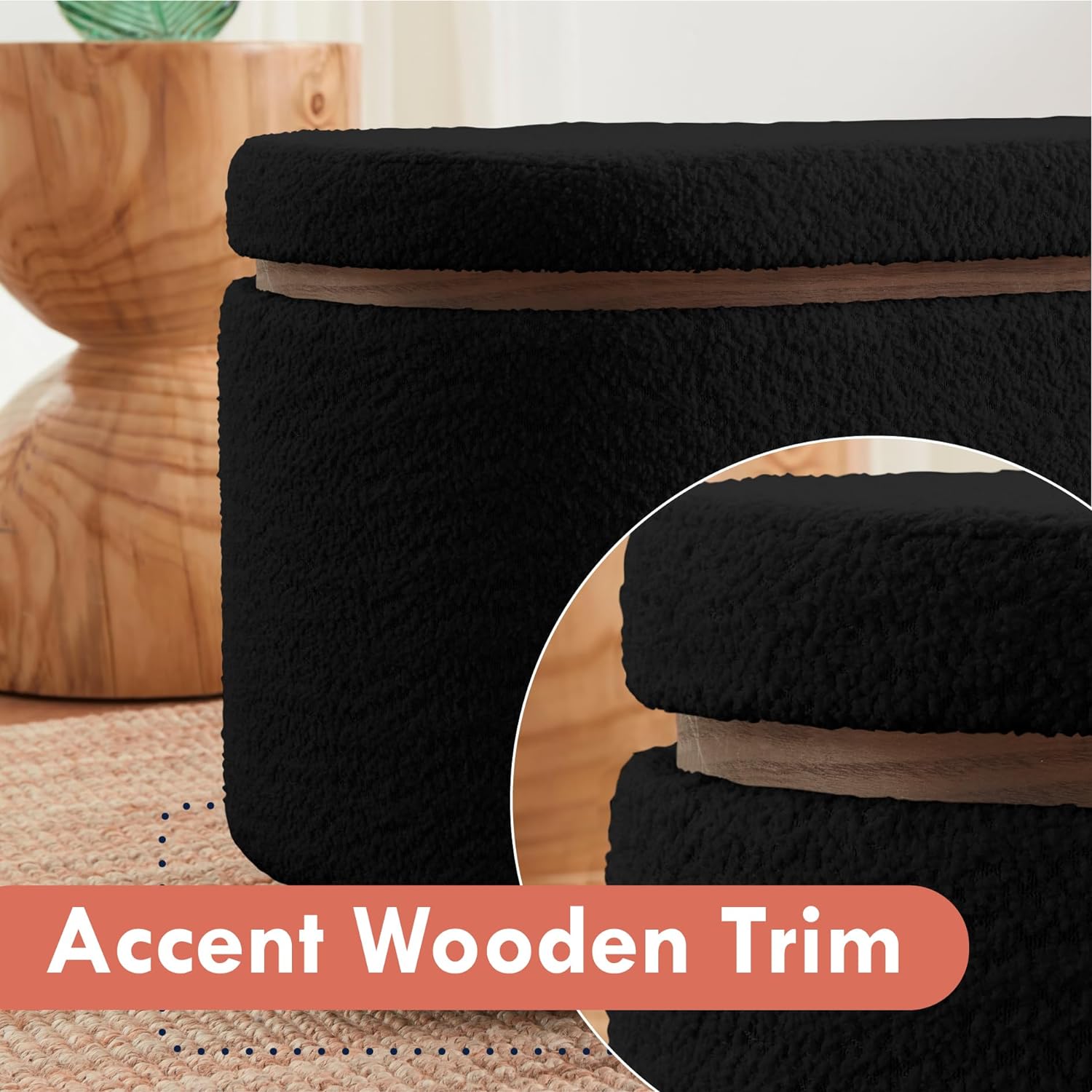 Boucle Teddy Storage Bench Ottoman with Removeable Lid - Black