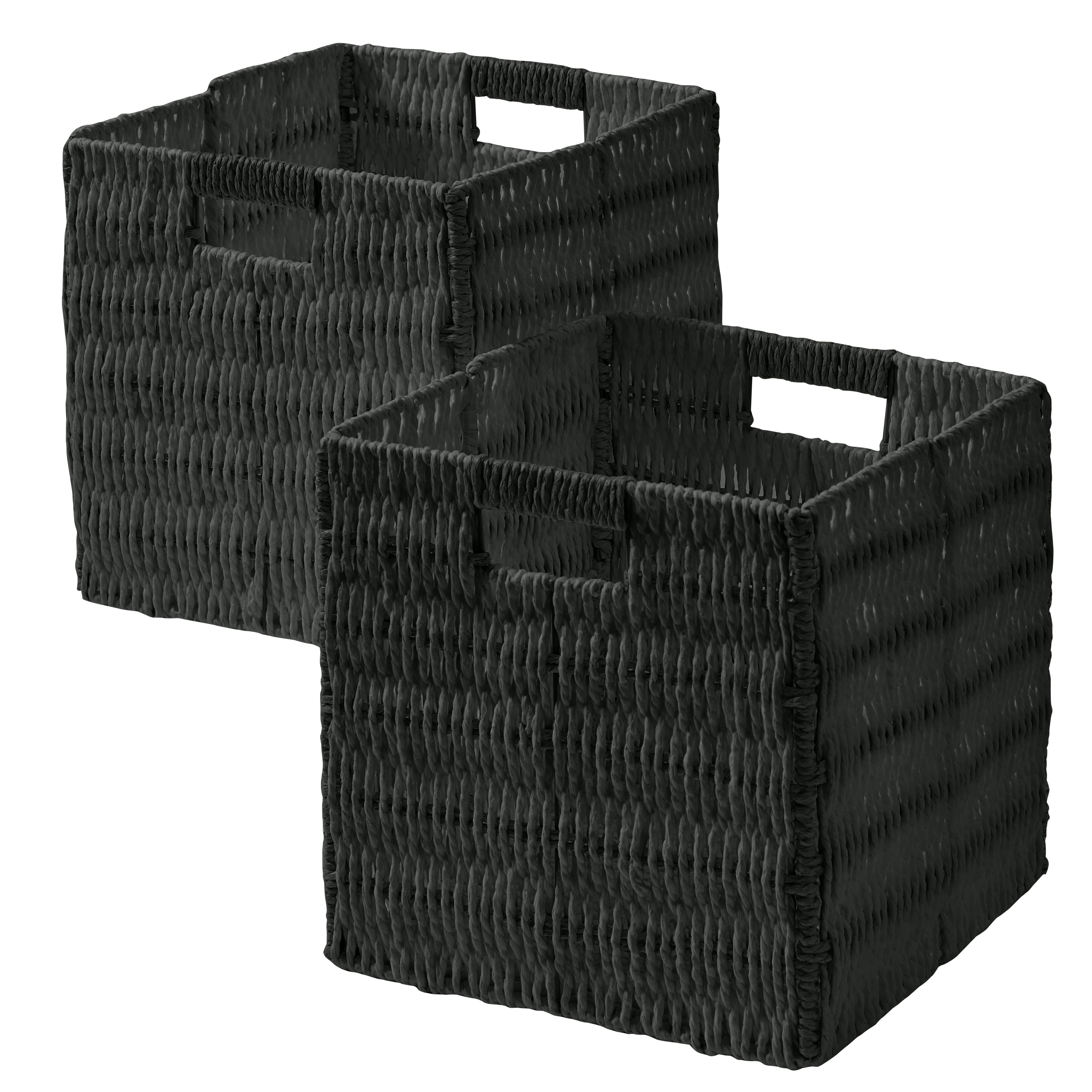 Foldable Paper Wicker Storage Shelf Basket Cube Bin with Handles - Black