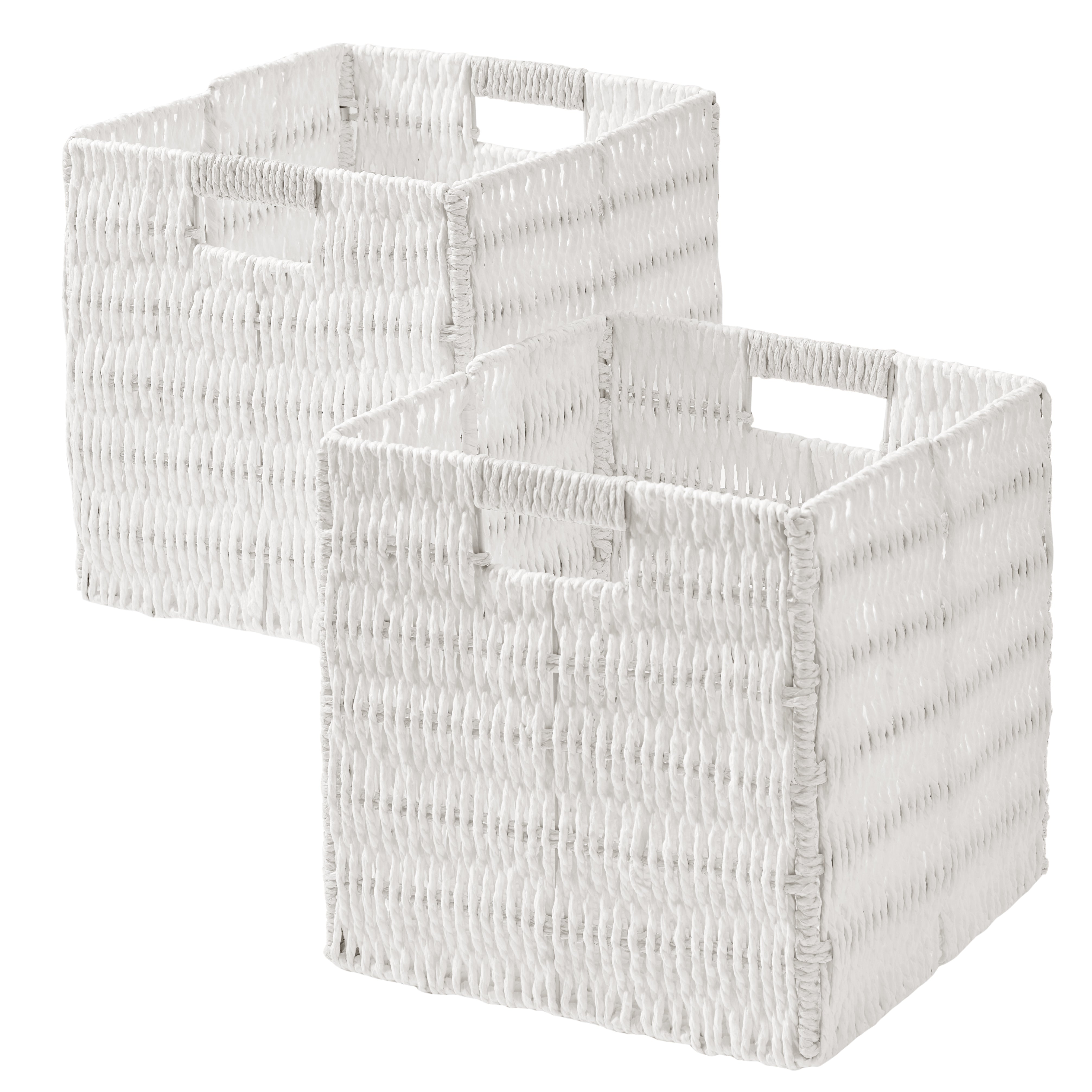 Foldable Paper Wicker Storage Shelf Basket Cube Bin with Handles - White