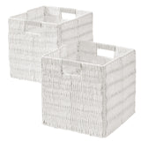 Foldable Paper Wicker Storage Shelf Basket Cube Bin with Handles - White