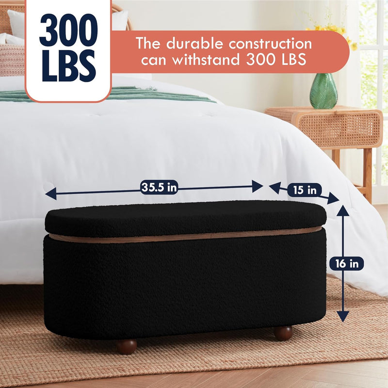 Boucle Teddy Storage Bench Ottoman with Removeable Lid - Black