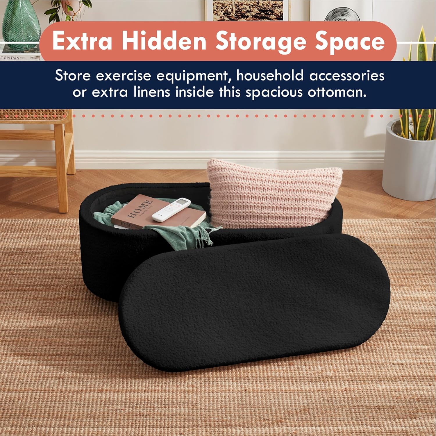 Boucle Teddy Storage Bench Ottoman with Removeable Lid - Black