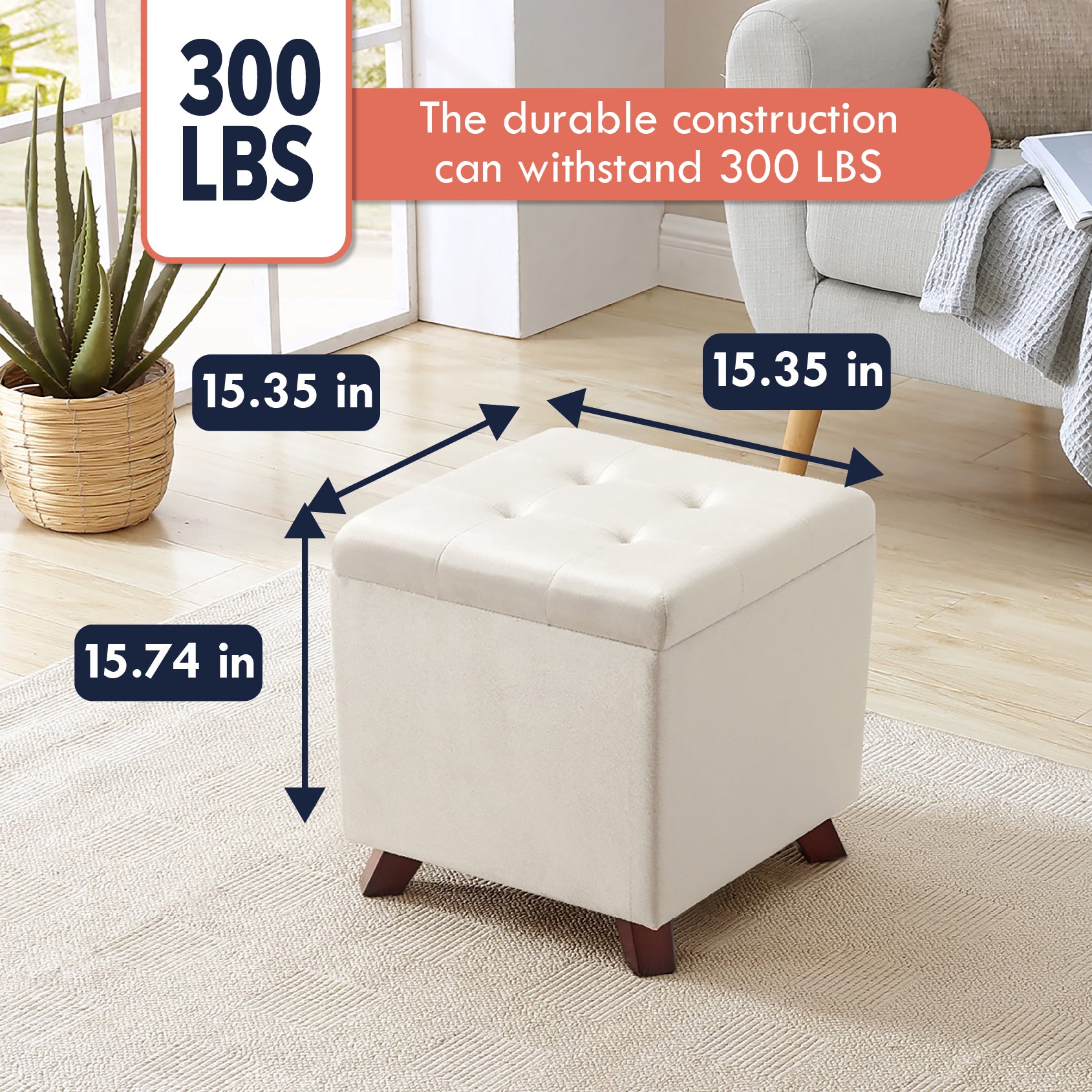 Crawford Velvet Tufted Square Storage Ottoman with Lift Off Lid - Cream