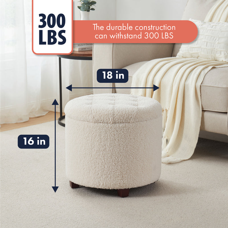 Donovan Round Tufted Boucle Storage Ottoman - White