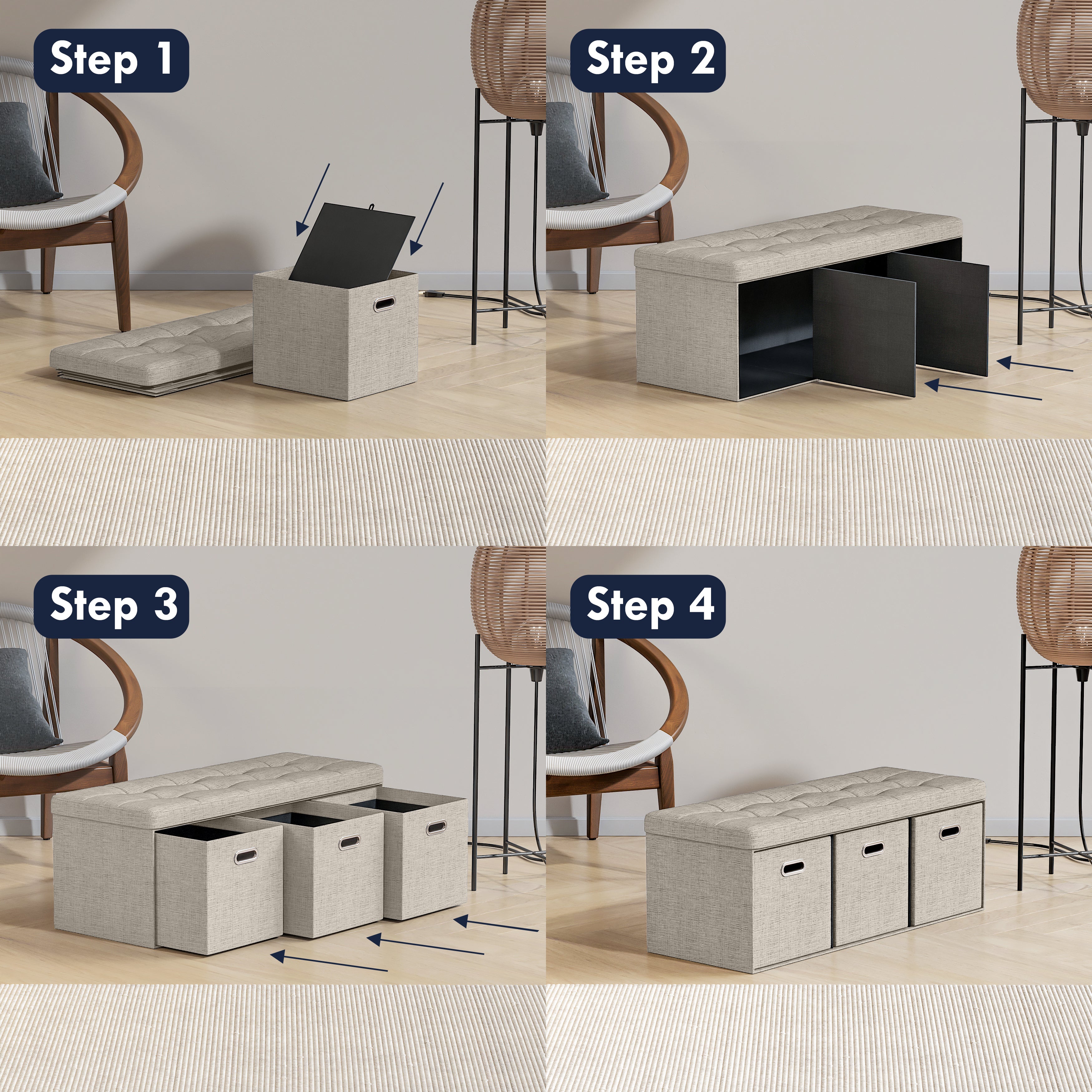Foldable Tufted Linen Long Bench Storage Ottoman with 3 Drawers - Beige