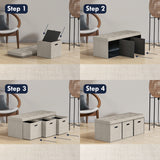 Foldable Tufted Linen Long Bench Storage Ottoman with 3 Drawers - Beige