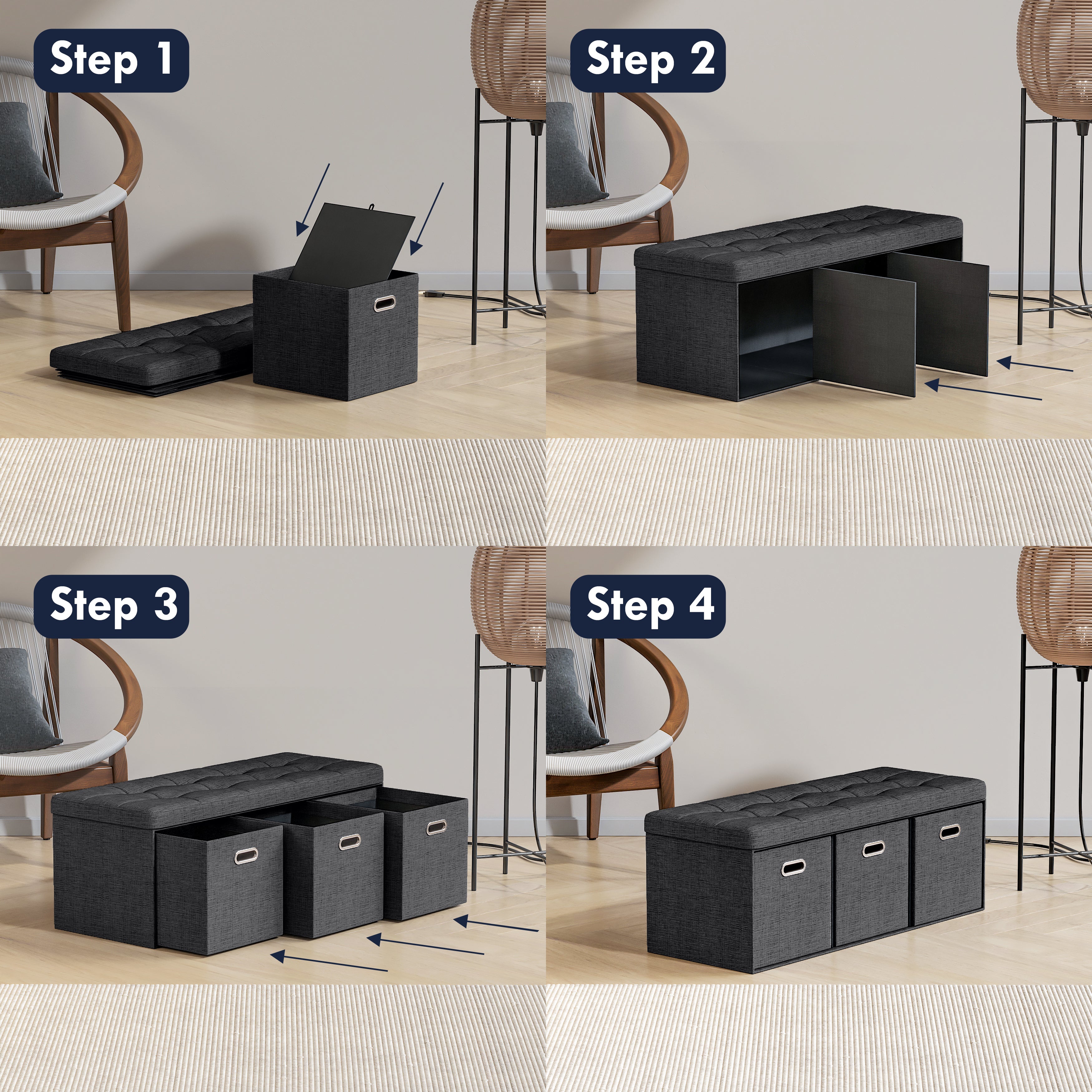Foldable Tufted Linen Long Bench Storage Ottoman with 3 Drawers - Black