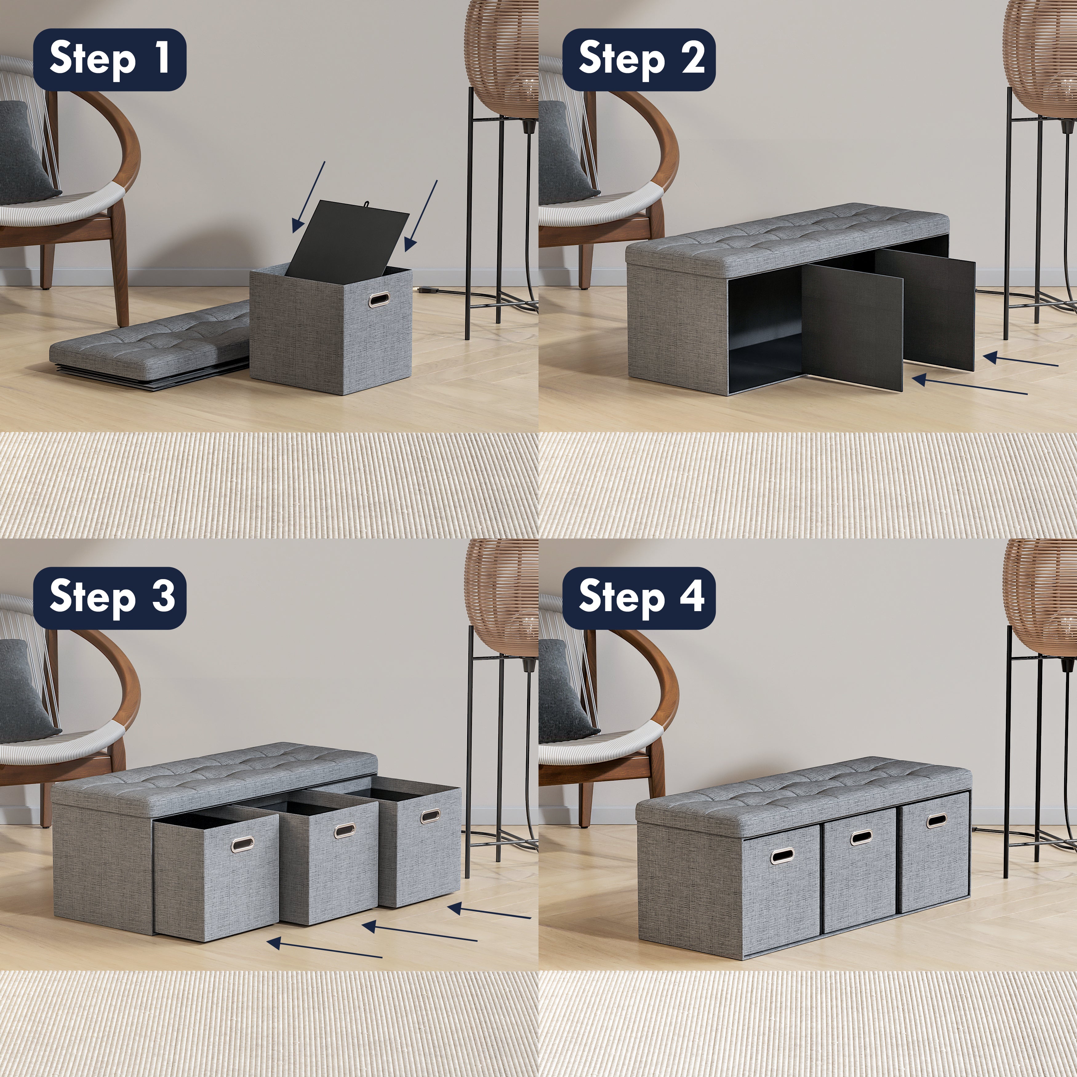 Foldable Tufted Linen Long Bench Storage Ottoman with 3 Drawers - Gray