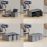 Foldable Tufted Linen Long Bench Storage Ottoman with 3 Drawers - Gray