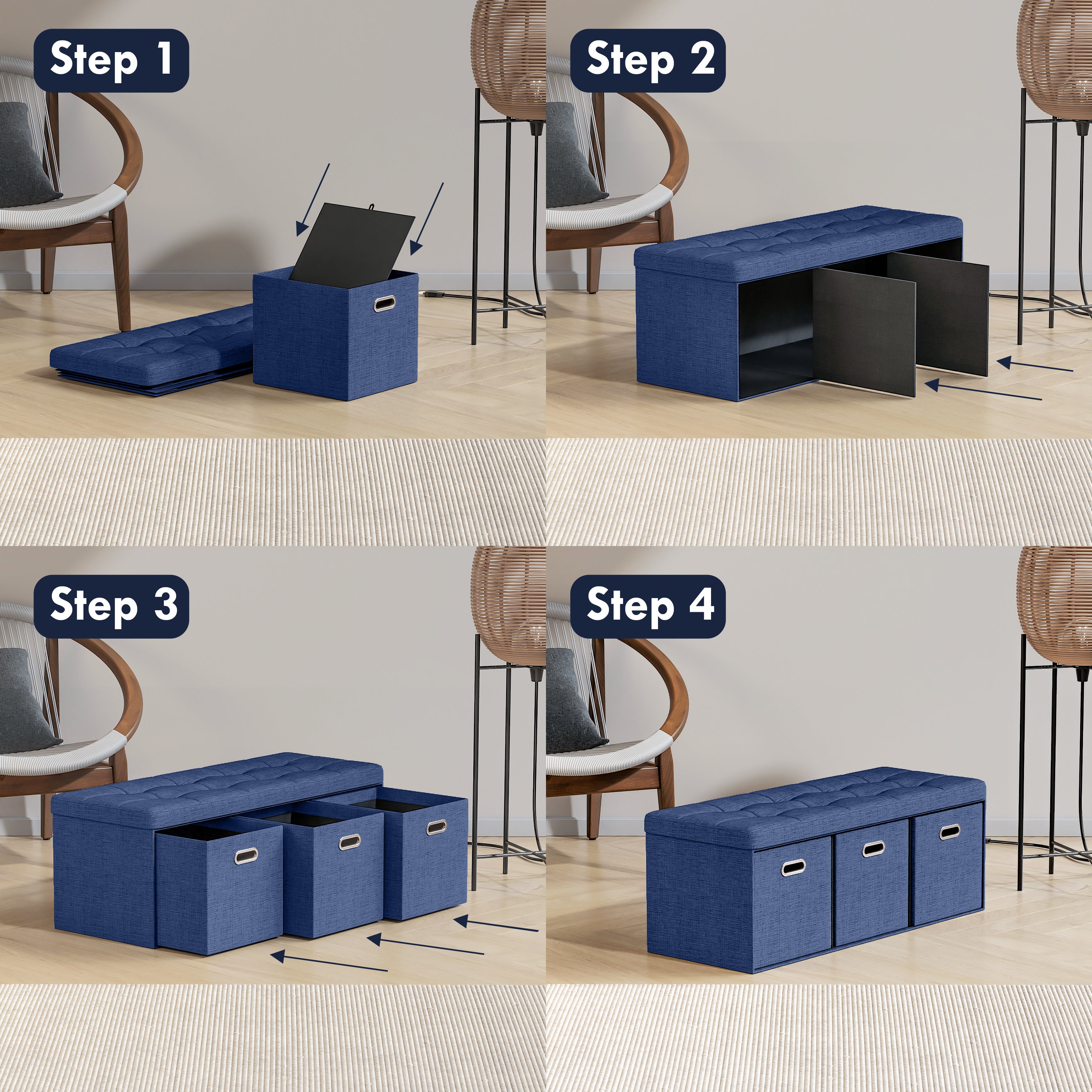 Foldable Tufted Linen Long Bench Storage Ottoman with 3 Drawers - Navy