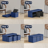 Foldable Tufted Linen Long Bench Storage Ottoman with 3 Drawers - Navy