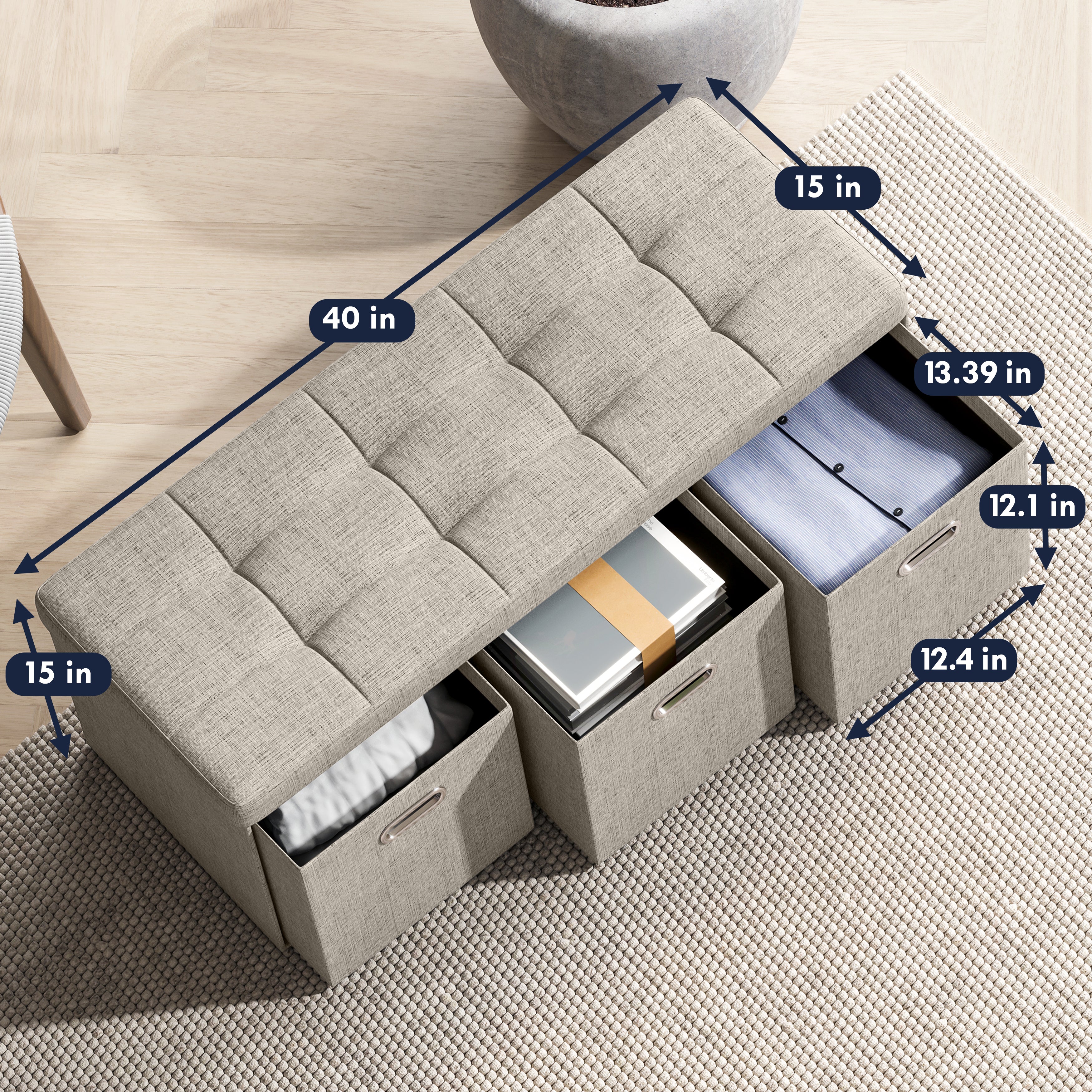 Foldable Tufted Linen Long Bench Storage Ottoman with 3 Drawers - Beige